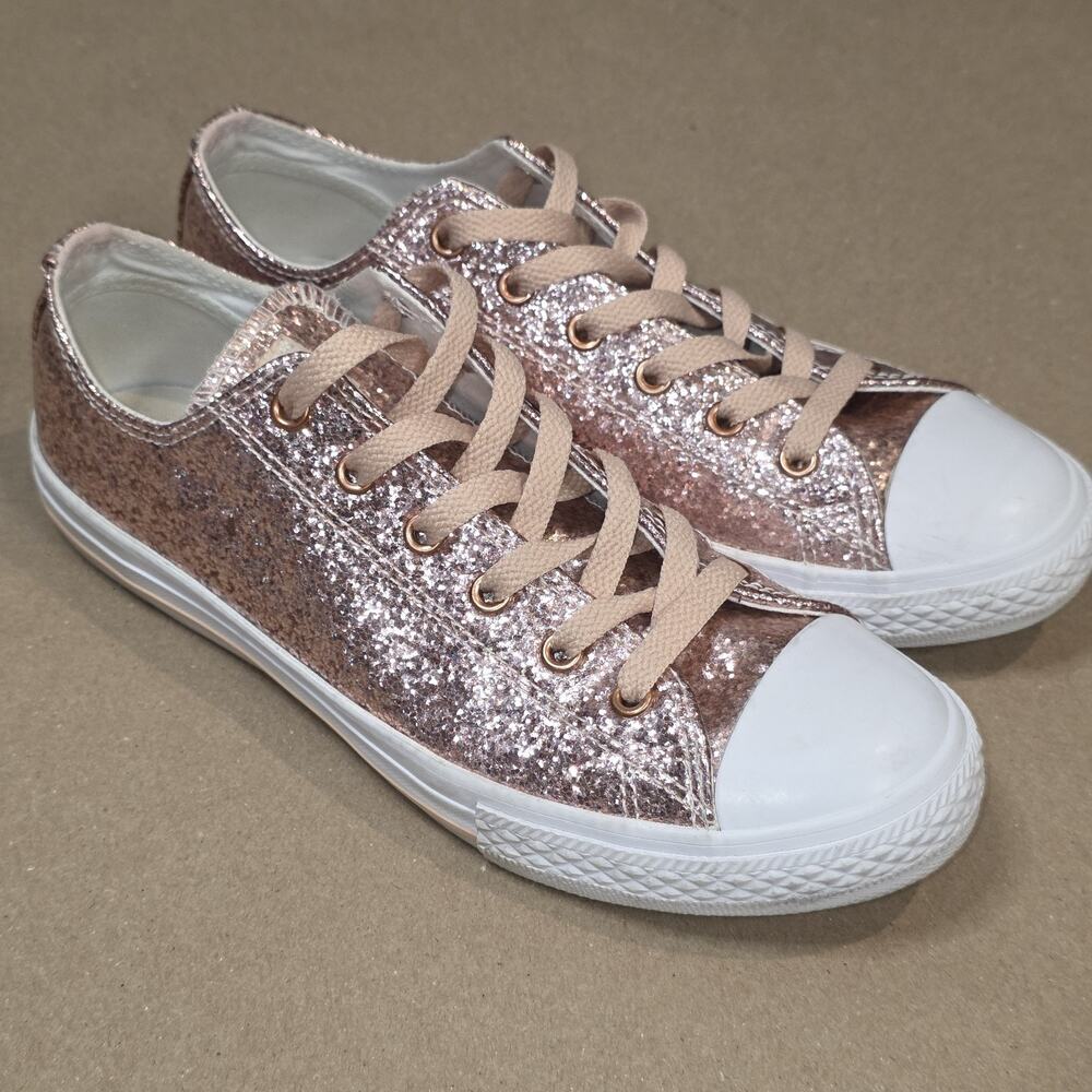 Converse All Star Kids Glitter Low Top Lace-Up Sneakers Rose Gold Pink/White 5